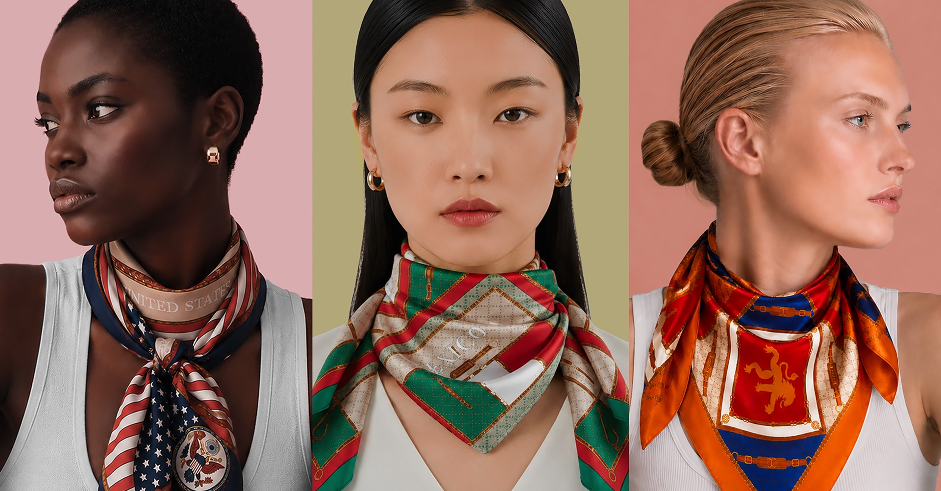 Models wearing Ann Mae Studios World Cup bandana scarves